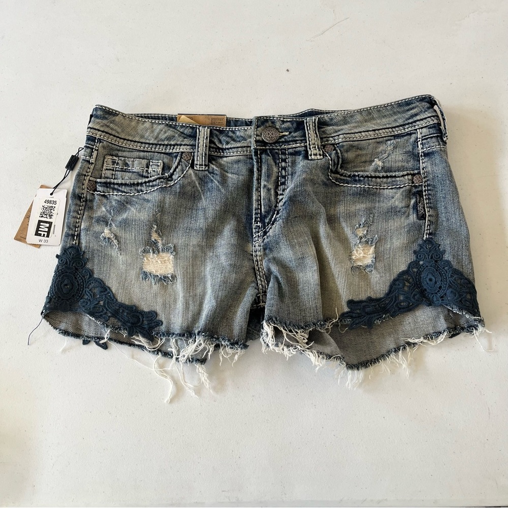 Silver Jeans Aiko Blue Distressed Jean Shorts with Navy Lace Size 33